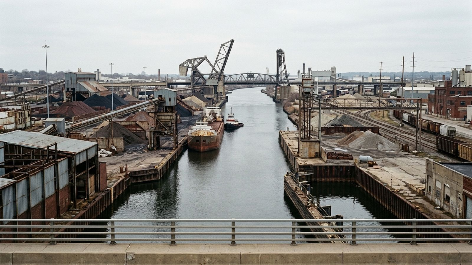 The view from a high road viaduct sidewalk looking down along an industrial shipping channel, movable bridge spans visible in the distance, dock structures and stockpiles on both banks, rail lines crossing the valley floor, flat overcast daylight, no signage or lettering legible